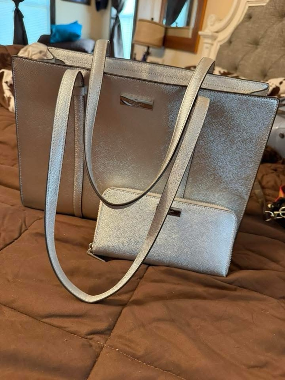 kate spade Metallic Silver Tote with Matching Wallet